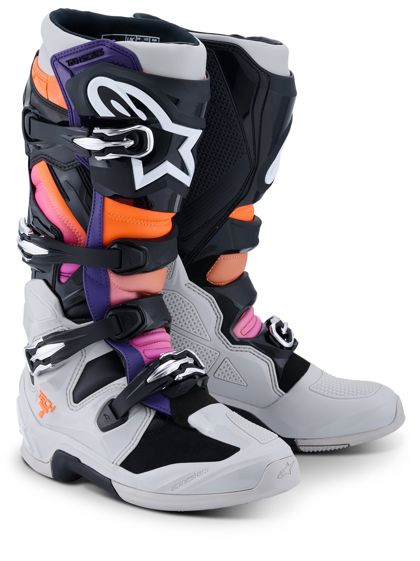 ALPINESTARS TECH 7 BOOTS - BLACK LIGHT GREY ORANGE FLUO MAGENTA