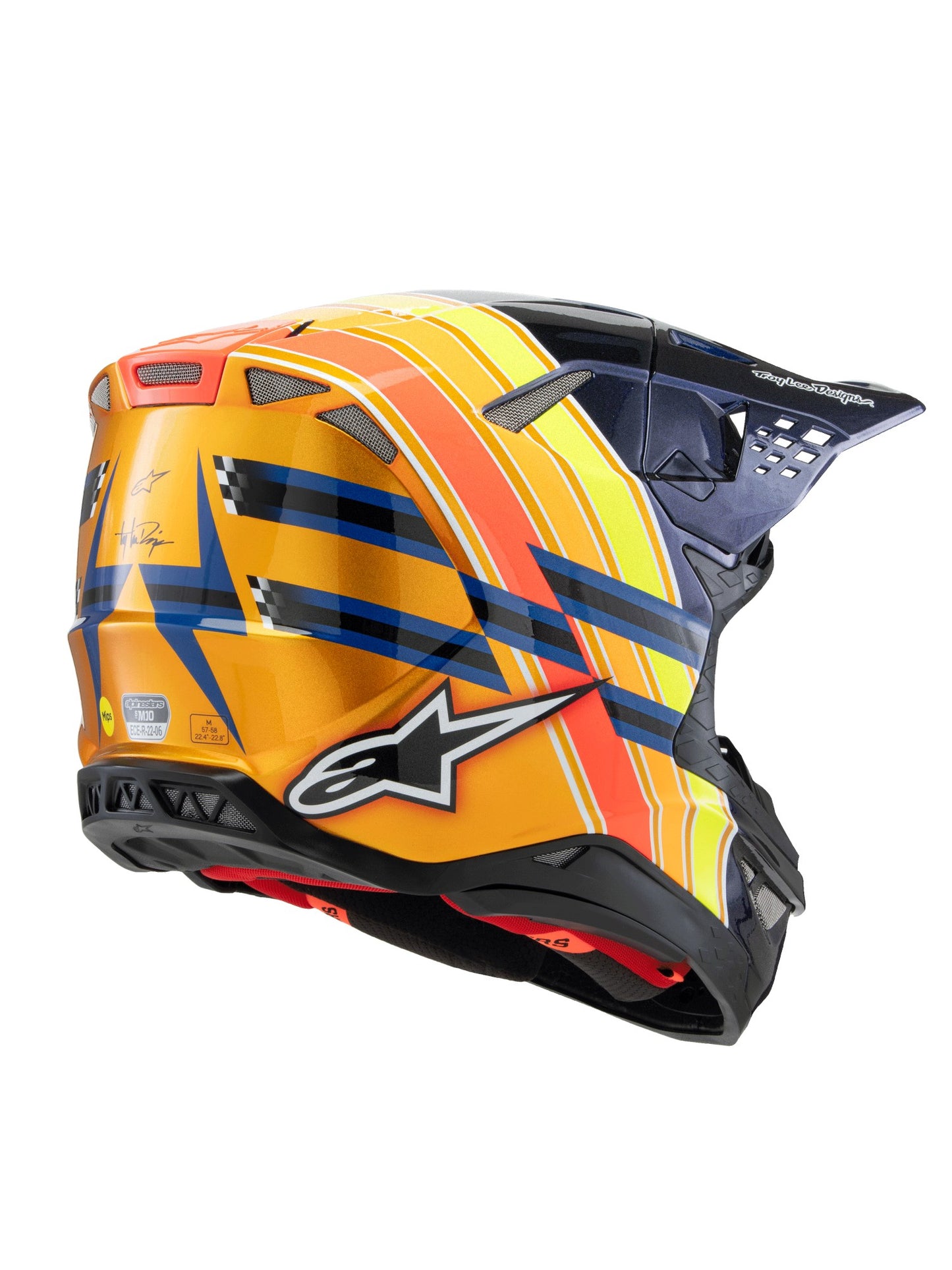 ALPINESTARS 2025 SUPERTECH M10 TLD EDITION HELMET - DARK BLUE ORANGE FLURO-YELLOW RED GLOSSY