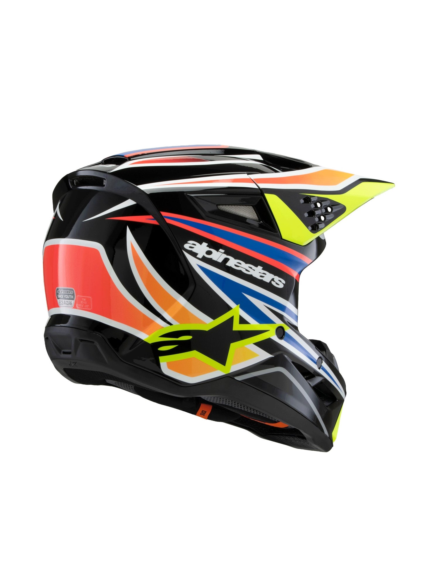 ALPINESTARS 2025 YOUTH SUPERTECH M3 WURX HELMET - BLACK YELLOW FLUO BLUE RED GLOSSY