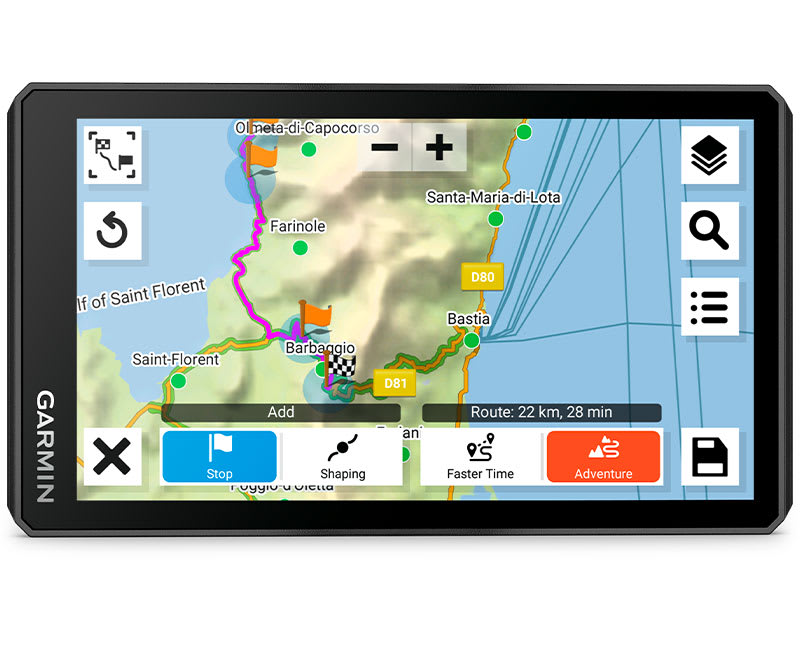 Plan a custom route on the device, or use the app with a compatible smartphone.