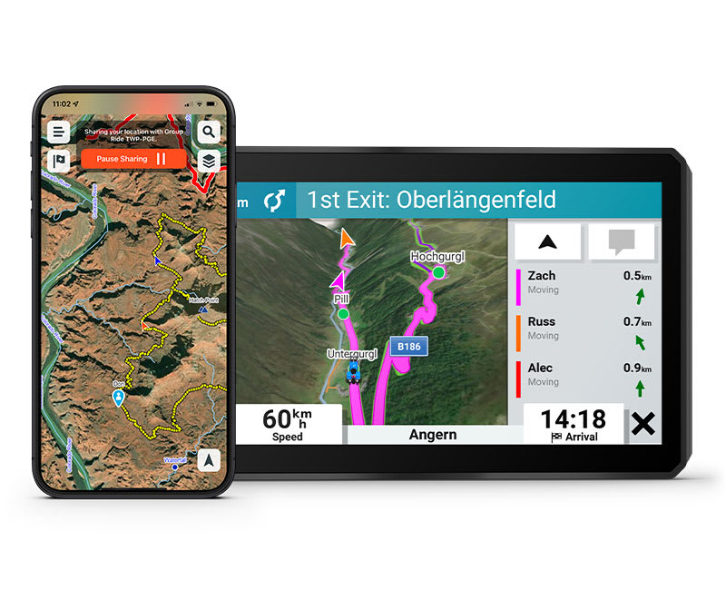 Use the Tread® app on your smartphone and/or zūmo XT2 device to track friends with the Group Ride Mobile feature1. Or, use the Group Ride Tracker accessory2 (sold separately) for tracking other -equipped riders with no cellular coverage needed.