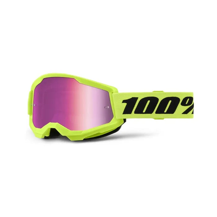 100% Strata 2 Youth Goggles - Neon Yellow (Mirror Pink Lens)