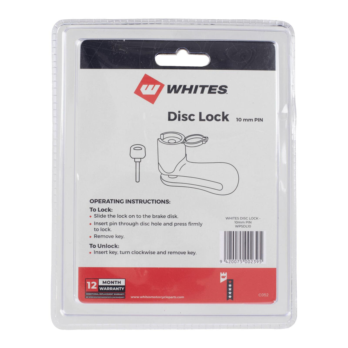 Whites Disc Lock 10mm Pin With Disc Lock Reminder
