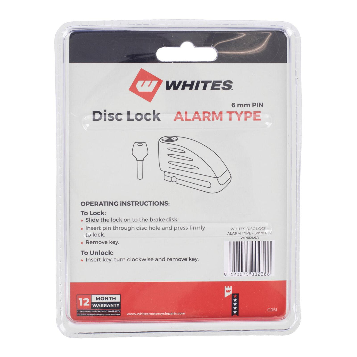 Whites Disc Lock Alarm Type 6mm Pin With Reminder
