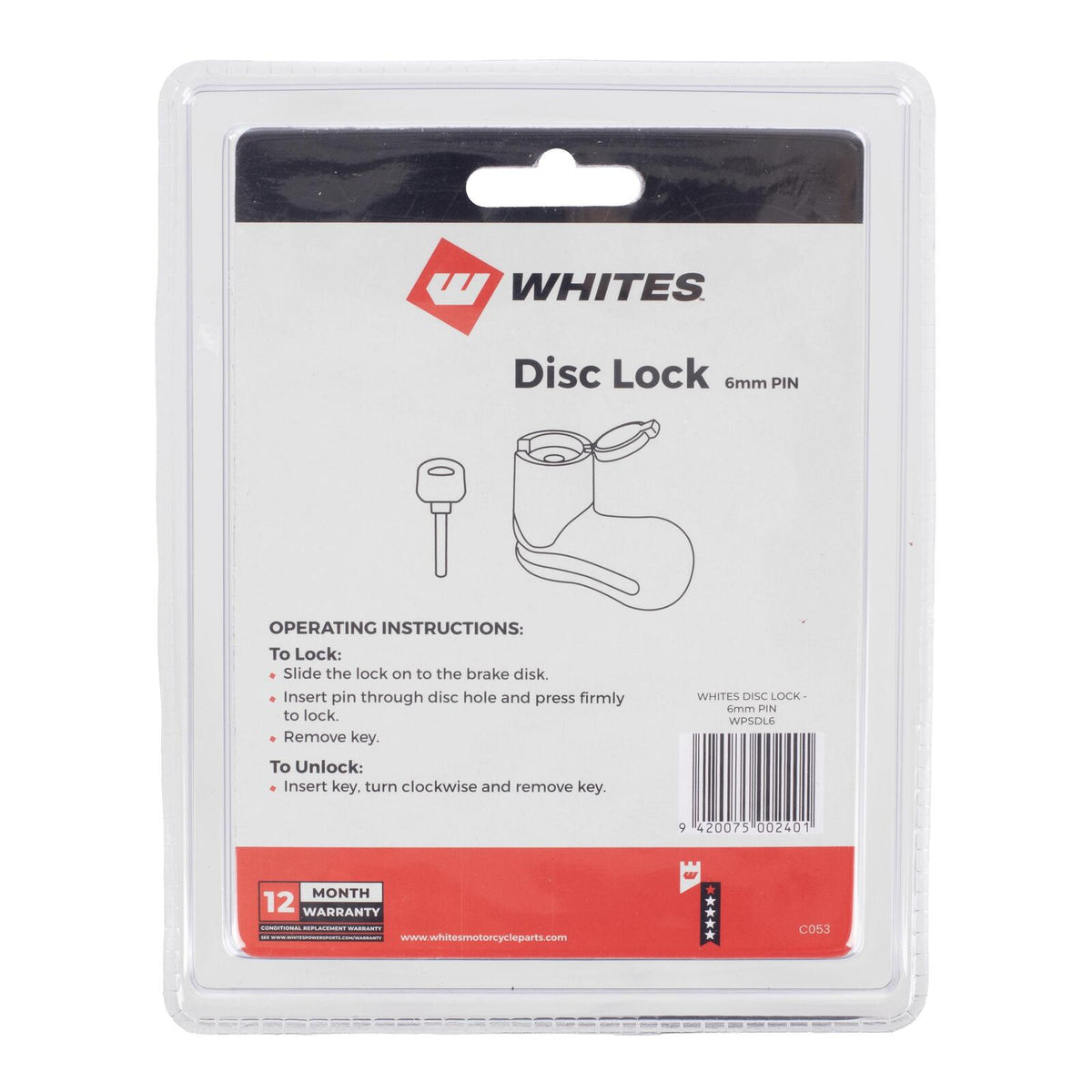 Whites Disc Lock 6mm Pin With Disc Lock Reminder