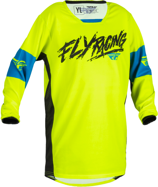 FLY 2023 YOUTH KINETIC KHAOS JERSEY - HI-VIS/BLACK/CYAN MCLEOD ACCESSORIES (P) sold by Cully's Yamaha