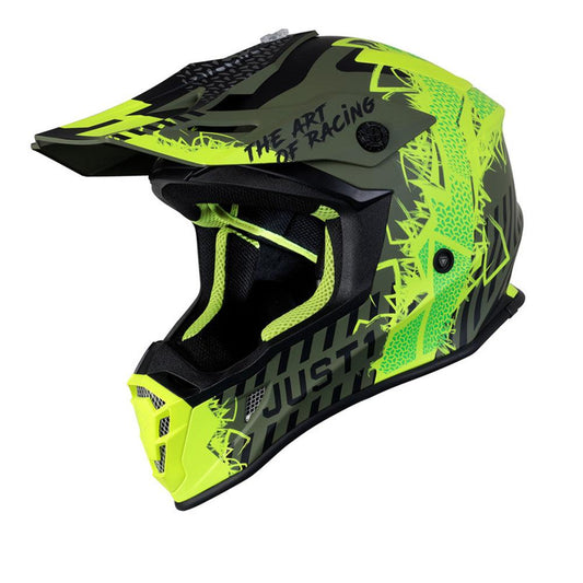 JUST1 J38 MASK 2021 HELMET - FLUO YELLOW BLACK/ARMY GREEN MATT FICEDA ACCESSORIES sold by Cully's Yamaha