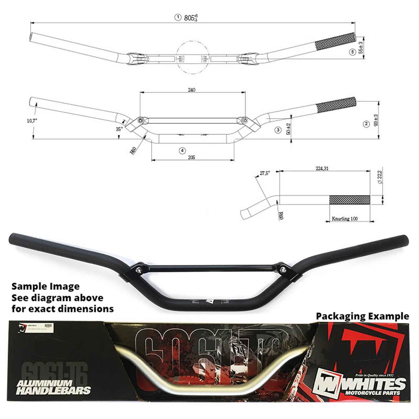 WHITES HANDLEBAR 7/8 (22.2MM) AL6061 BLK KX/KXF/RMZ
