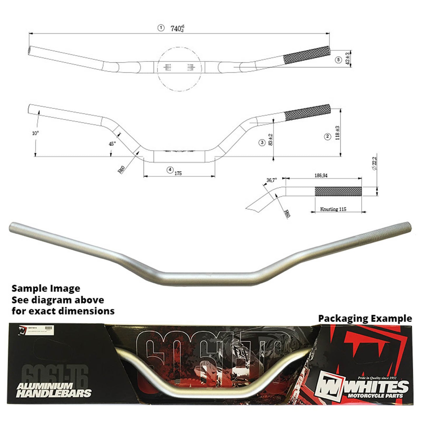 WHITES HANDLEBAR TAPER AL6061 SIL CR80/85 RM/KX65 YZ85/80