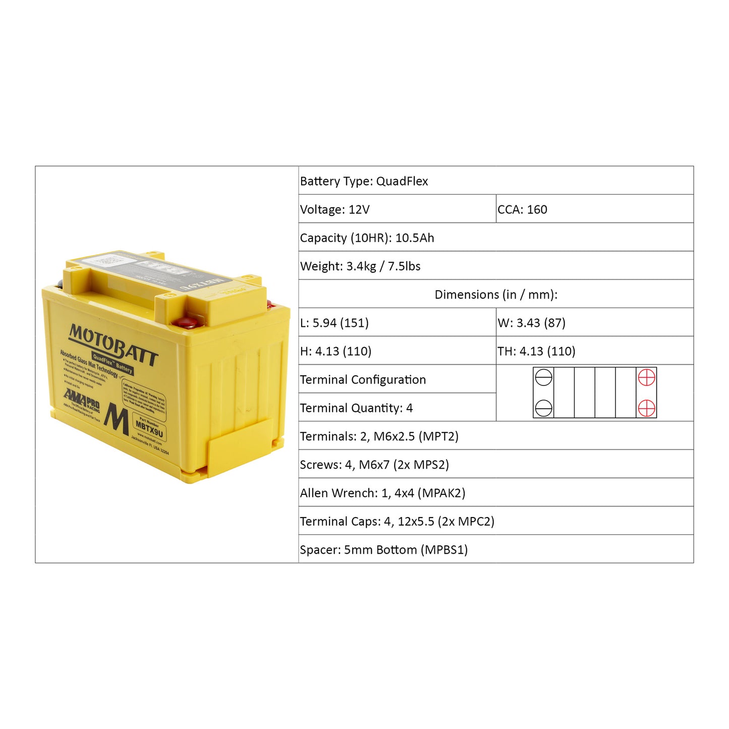 Motobatt Battery Quadflex AGM - MBTX9U