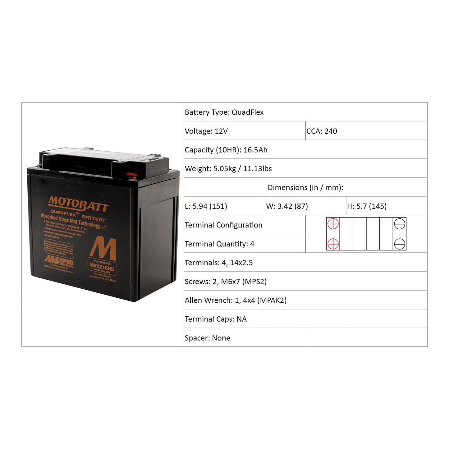 Motobatt Battery Quadflex AGM - MBYZ16HD