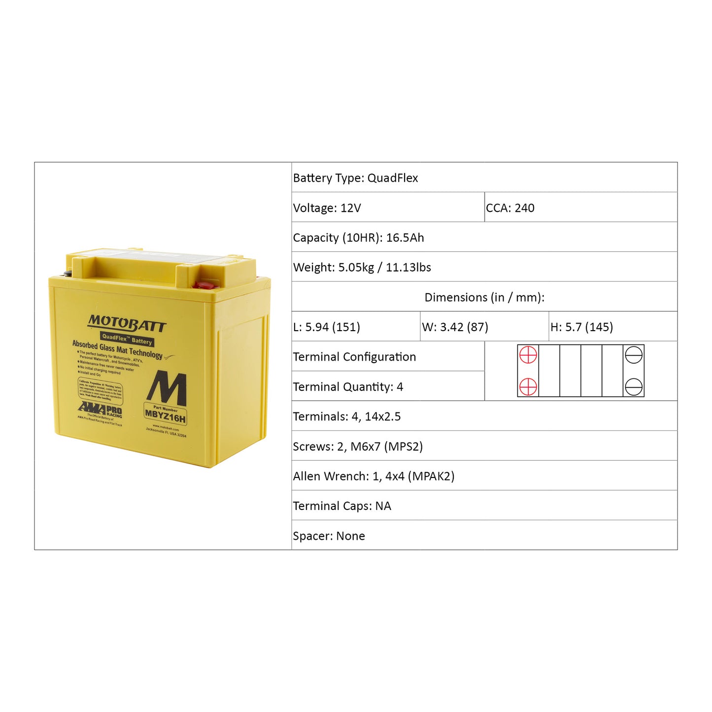 Motobatt Battery Quadflex AGM - MBYZ16-H