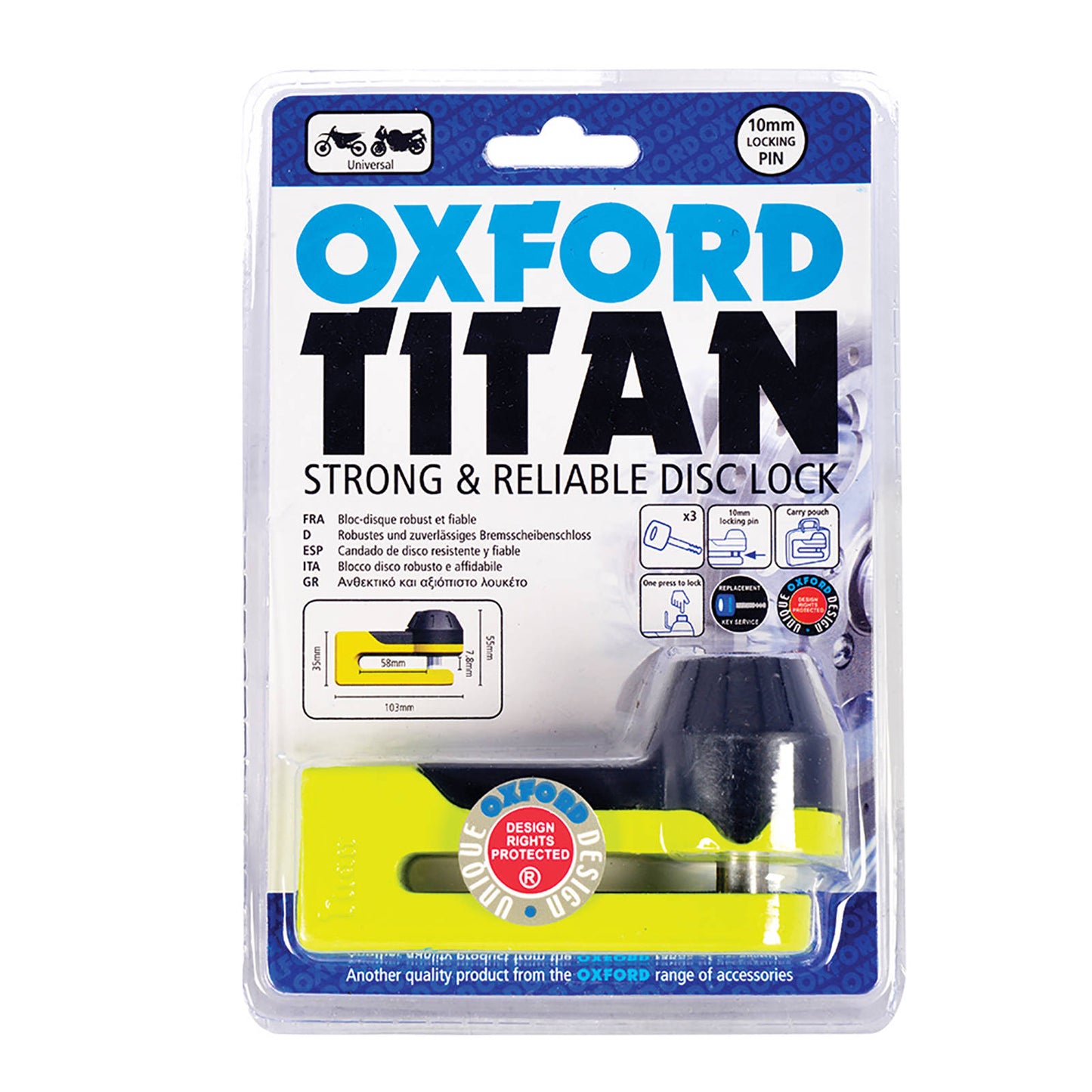 Oxford Titan 10mm Pin Disc Lock - Yellow, includes pouch