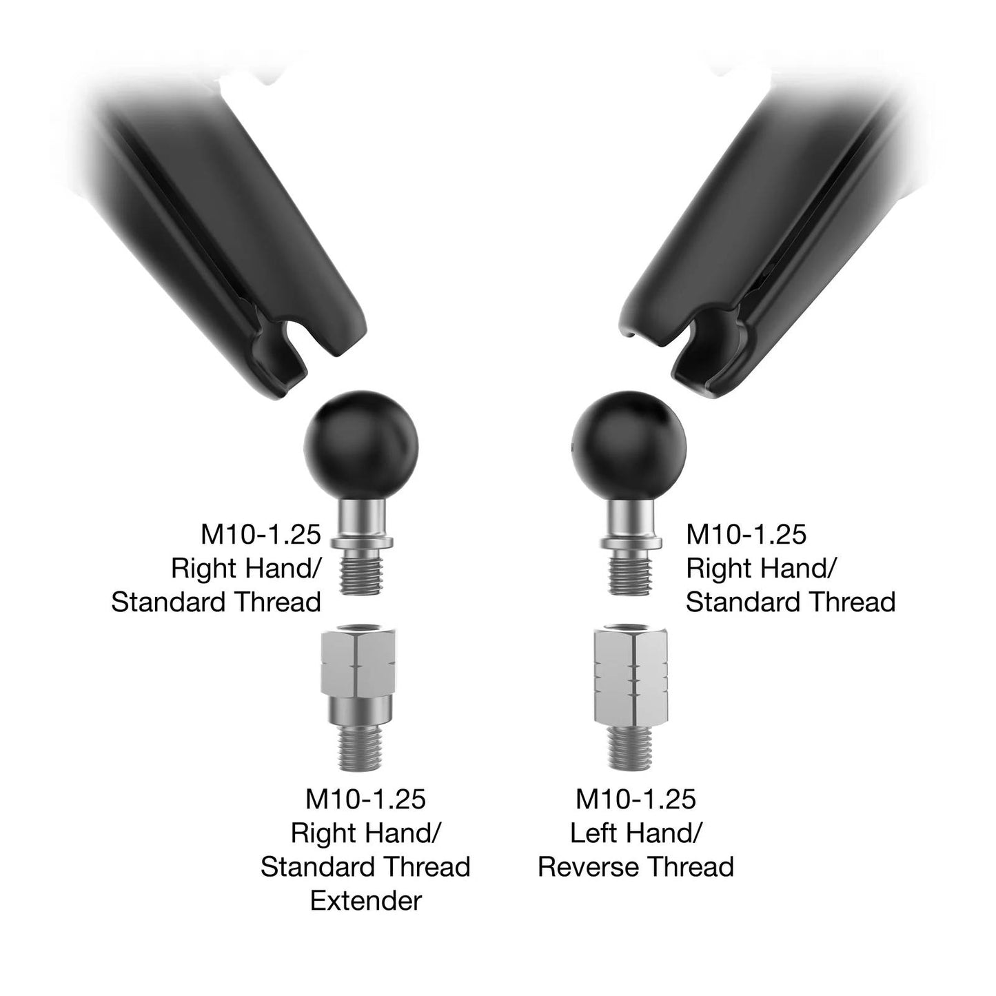 Ram Left & Right Tough-Mirror Kit with Long Arms + Bases & Thread Pitch Adapters