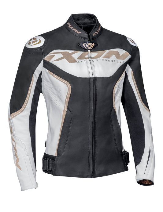 IXON TRINITY LADY LEATHER JACKET - WHITE/BLACK/GOLD CASSONS PTY LTD sold by Cully's Yamaha