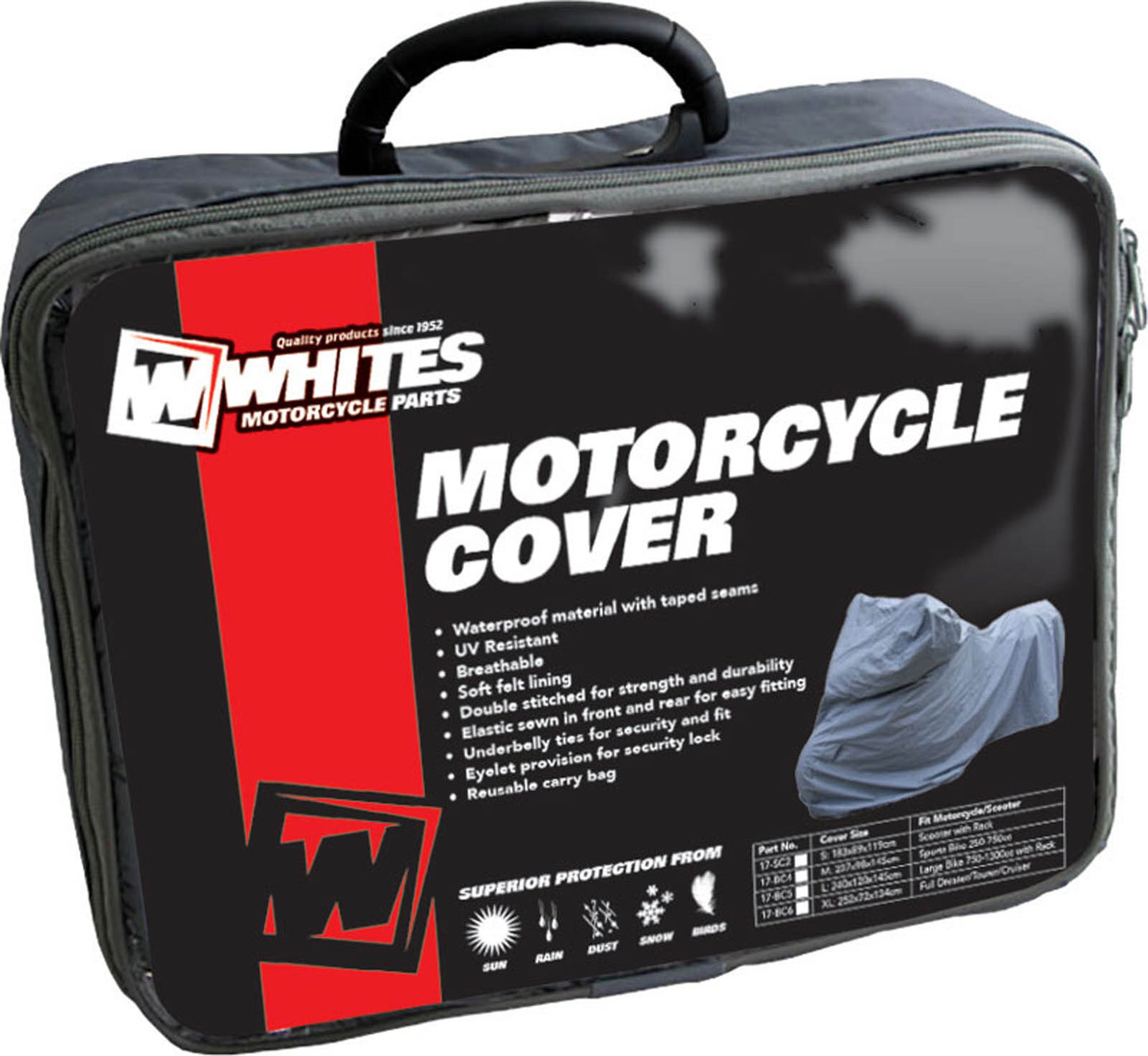 WHITES PREMIUM BIKE COVER - LGE 750-1300CC/ RACK