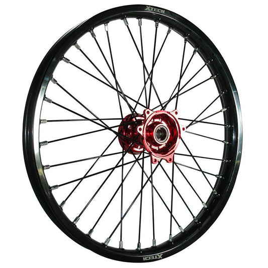 X-TECH FRONT WHEEL BLACK RIM/RED HUB/BLACK SPOKES 21X1.60 CASSONS PTY LTD sold by Cully's Yamaha