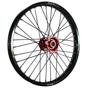 X-TECH FRONT WHEEL BLACK RIM/RED HUB/BLACK SPOKES 21X1.60 CASSONS PTY LTD sold by Cully's Yamaha