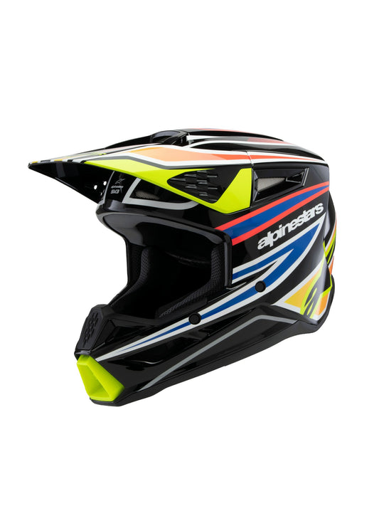 ALPINESTARS 2025 YOUTH SUPERTECH M3 WURX HELMET - BLACK YELLOW FLUO BLUE RED GLOSSY