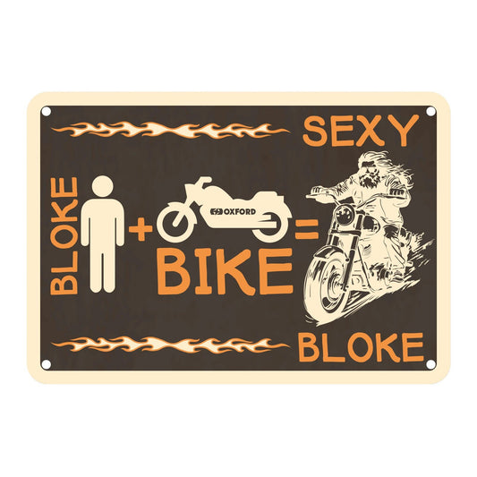 Oxford Garage Metal Sign: \"Bloke + Bike = Sexy Bloke\"