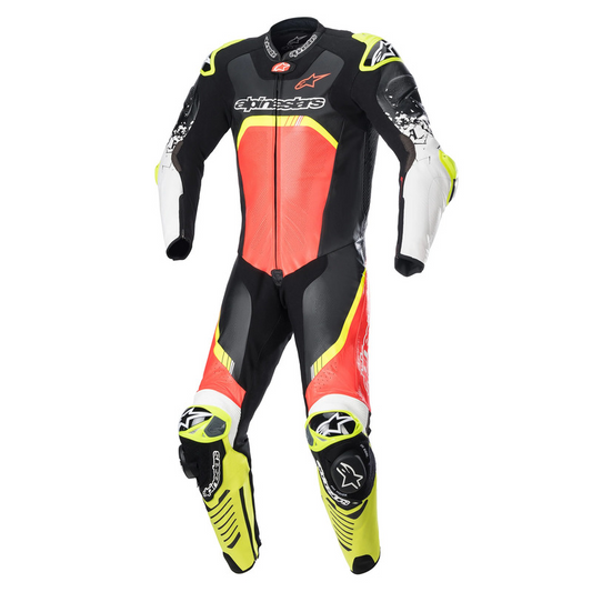 ALPINESTARS GP TECH V4 1 PC LEATHER SUIT - BLACK FLURO RED FLURO YELLOW