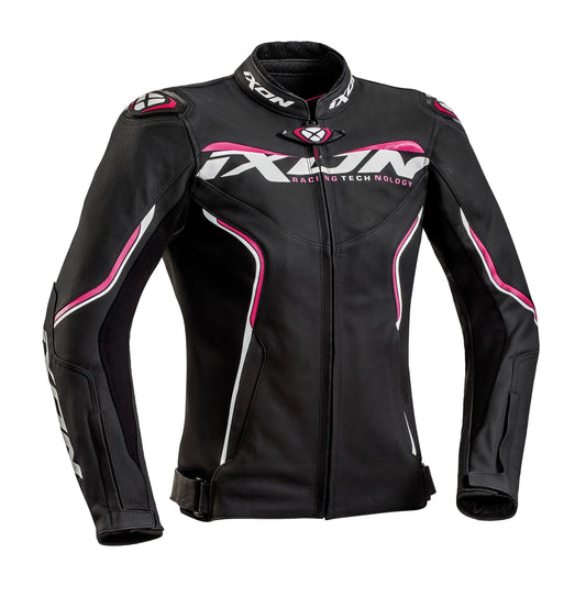 IXON TRINITY LADY LEATHER JACKET - BLACK/WHITE/FUCHSIA CASSONS PTY LTD sold by Cully's Yamaha