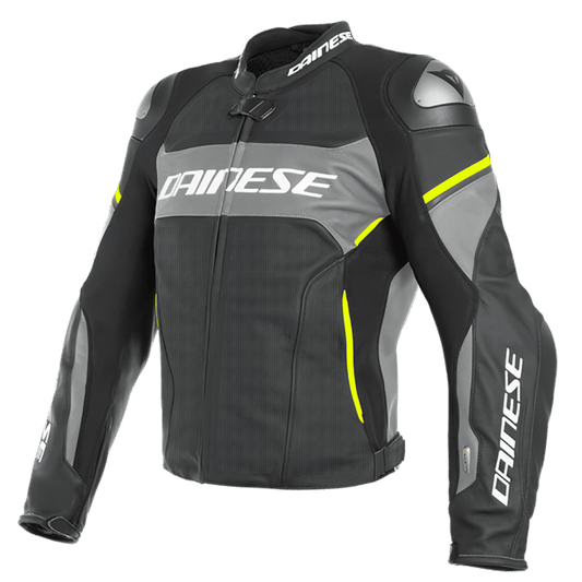 DAINESE RACING 3 D-AIR® PERF. LEATHER JACKET - MATT BLACK/CHARCOAL GREY/FLUO YELLOW MCLEOD ACCESSORIES (P) sold by Cully's Yamaha